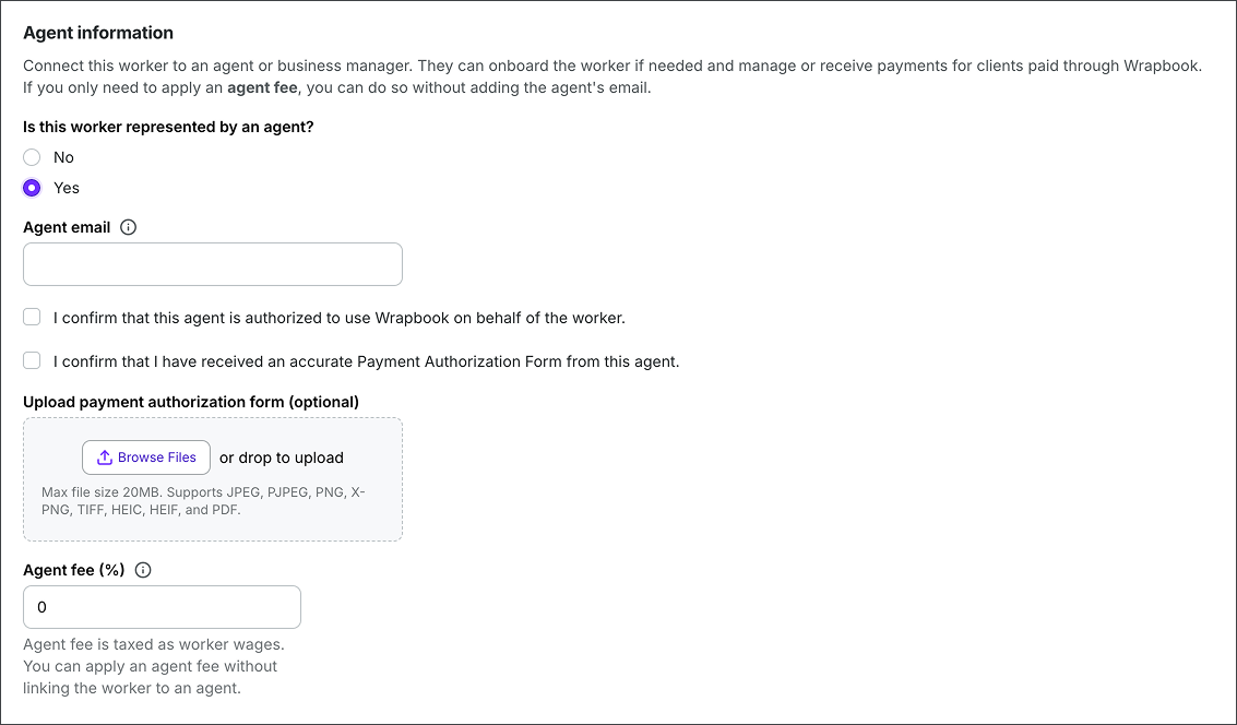 Form for connecting a worker to an agent with payment authorization options.